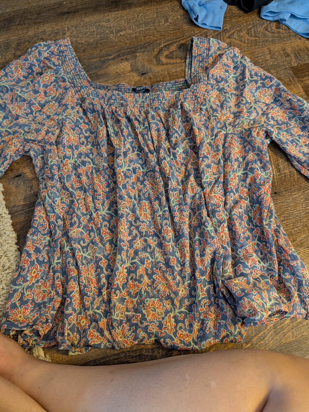 RL chaps Blue Paisley Floral Smocked Square-Neck Blouse